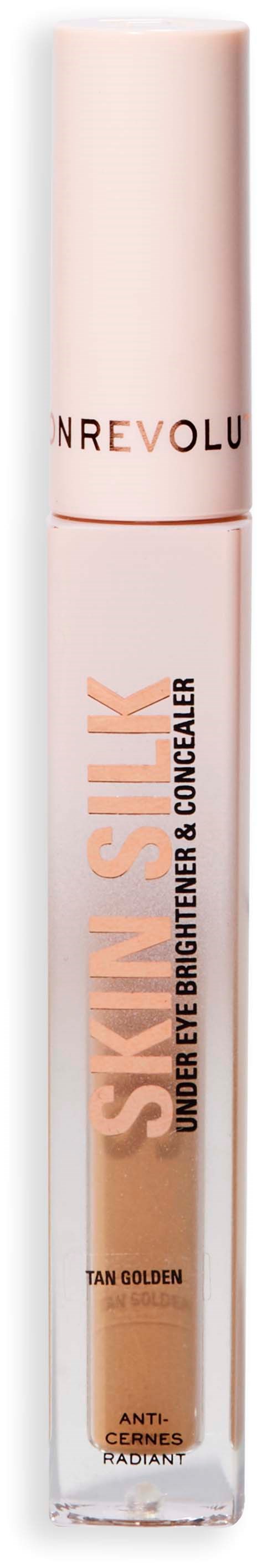 Lange, hellerosa Tube mit braunem und schwarzem Text, beschriftet 'Revou Skin Fix Under Eye Brightener & Concealer.'