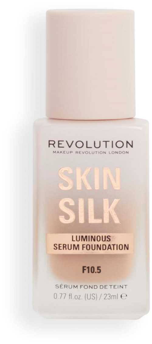 Eine Flasche Revolution Skin Silk Leuchtendes Serum Foundation mit weißem Deckel und hellbeiger Beschriftung.