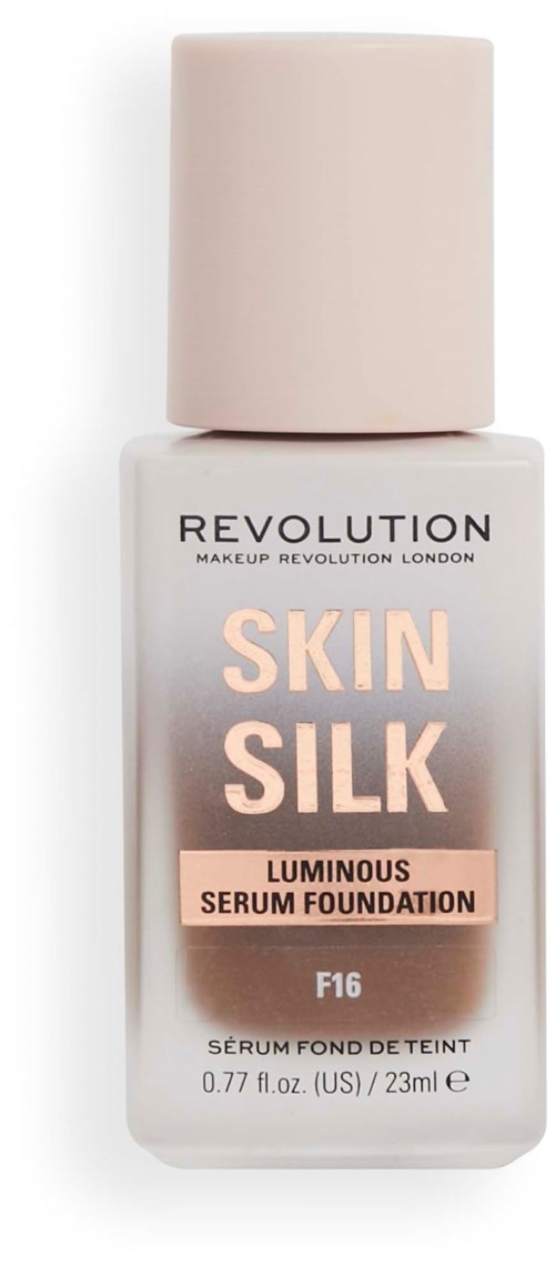 Eine Flasche Foundation mit weißem Deckel und schlichter Beschriftung, mit den Worten 'Skin Silk' und 'Luminous Serum Foundation.'