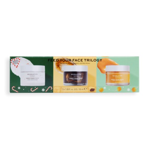 Three skincare jars are shown in colorful packaging, with festive holiday decorations and keywords like 'Feed Your Face Trilogy.'