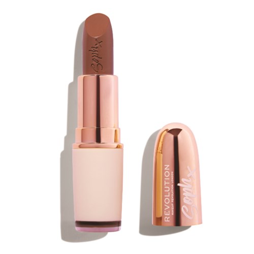 A lipstick with a beige body, rose gold cap, and brown shade inside. Cap is removed and lying beside it.