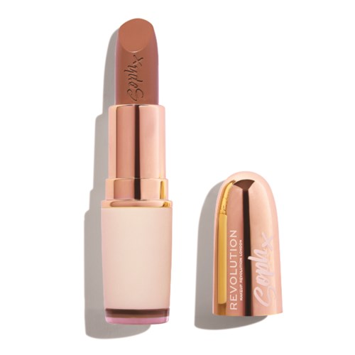 A lipstick with a gold and pink case, the cap is off, revealing the lipstick inside.
