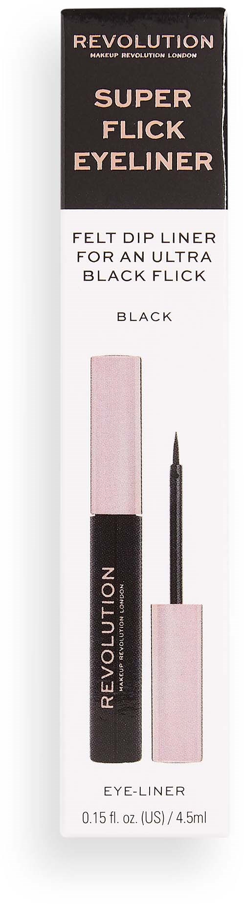 En ask för en svart flytande eyeliner, rosa och svart design, visar applicatorn och produktnamnet.