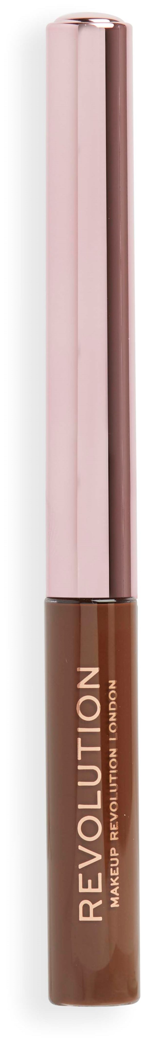 A lip gloss tube with a pink cap and brown lipstick inside.