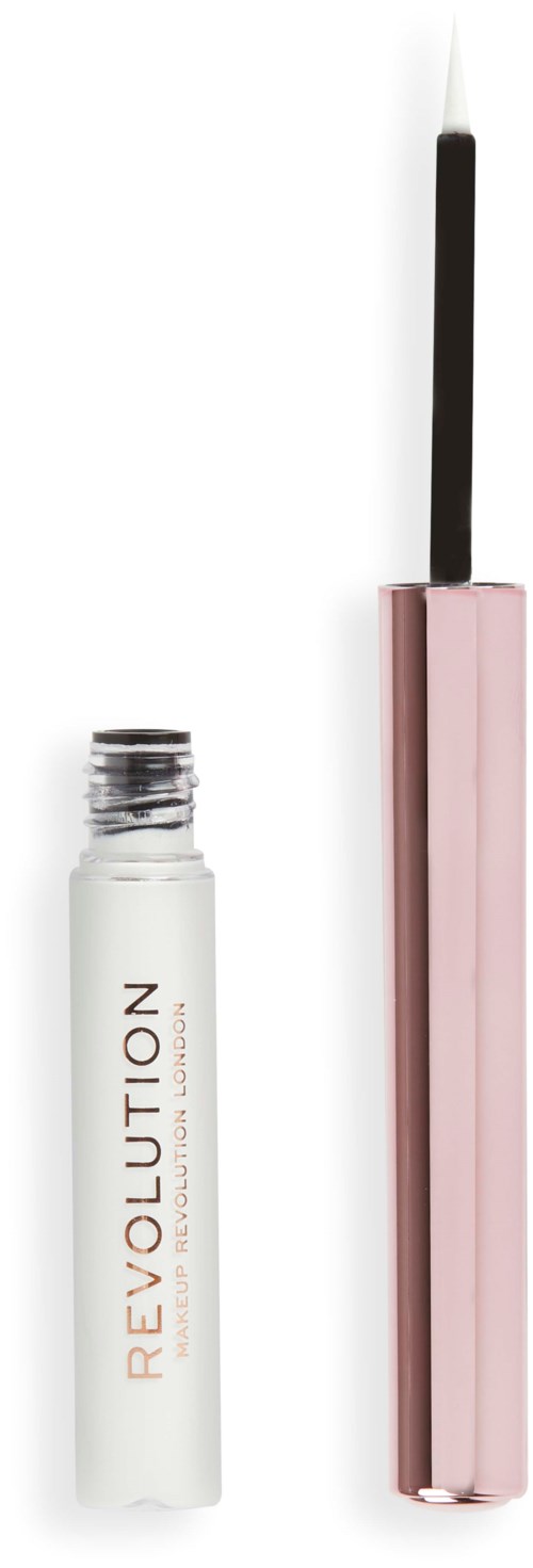 Ein weißer flüssiger Lipgloss mit schwarzem Applikator und rosa Hülle, gekennzeichnet mit "REVOLUTION" auf der Tube.