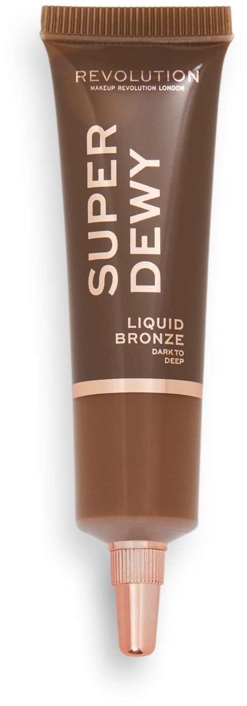 Eine braune Tube mit rosa Verschluss, beschriftet Revolution Super Dewy Liquid Bronzer, zum Auftragen von Make-up.