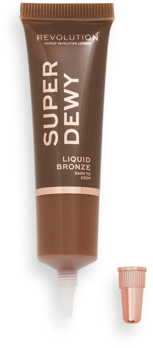 Eine Tube Revolution Super Dewy Liquid Bronze, mit einem entfernten hellen Deckel daneben.