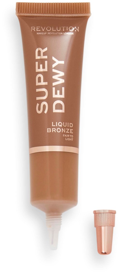 En tub med Revolution Super Dew Liquid Bronze makeup med lock och applikator. Röret är ljusbrunt.