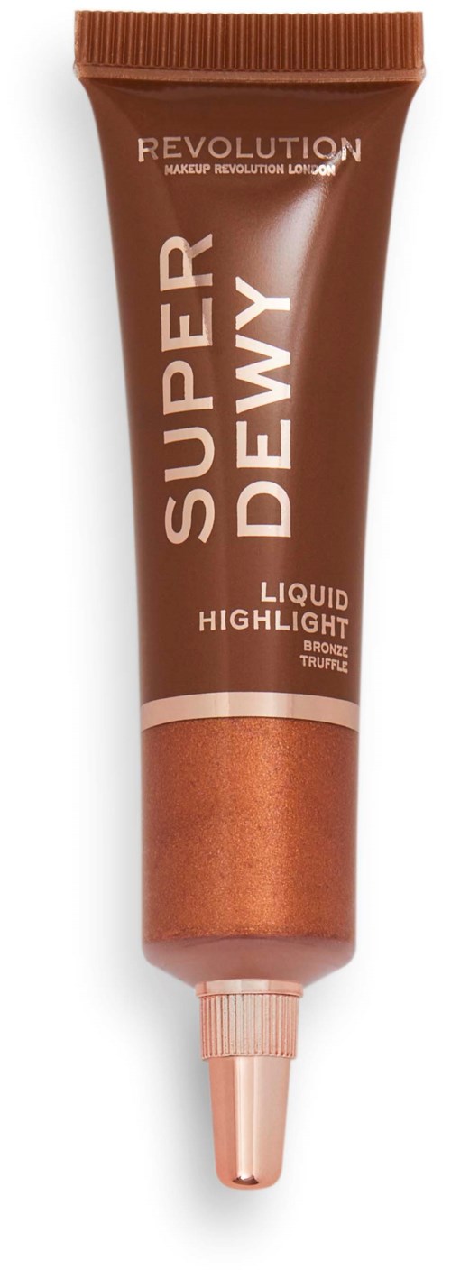Eine Tube flüssiger Highlighter in Braun- und Bronzetönen, beschriftet 'Super Dewy' von Revolution Makeup.