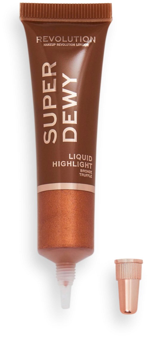 Eine braune Tube mit flüssigem Highlighter und kleinem Deckel, beschriftet 'Revolution Super Dewy Liquid Highlight'.