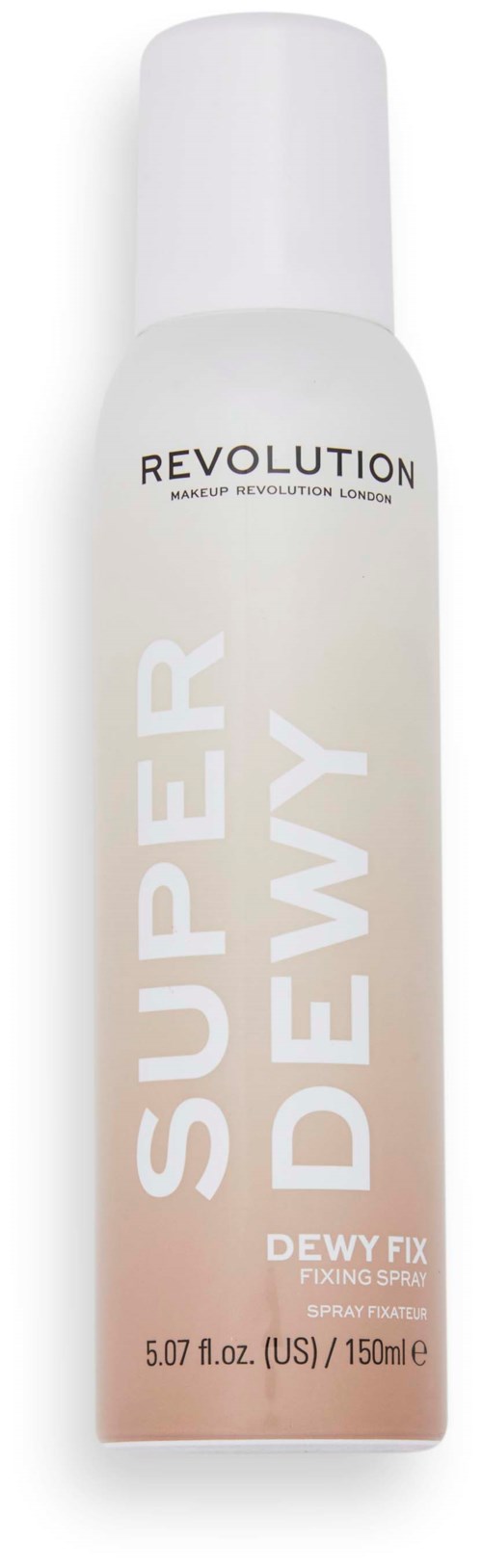 En vit sprayflaska märkt 'Super Dewy' av Revolution, med vit lock och enkel design.