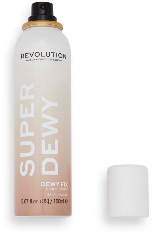 En lång vit flaska med svart lock, märkt "SUPER DEWY" av Revolution, och en vit lock bredvid.