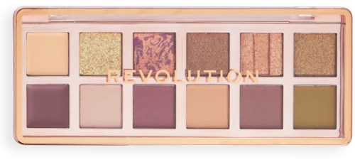 Ein Lidschatten-Palette mit zwölf Farben in verschiedenen Tönen, inklusive Matt, Glitter und Schimmer, in einem rosa Gehäuse.