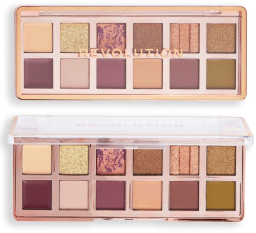 Eine Make-up-Palette mit 12 bunten Lidschatten in einem rosa Case, einige mit Schimmer und Matt-Finish.