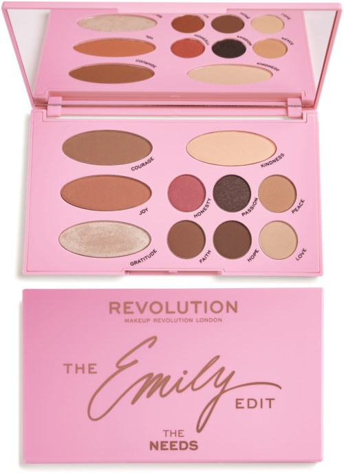 Pink makeup-palett med olika ögonskuggor och rouge-färger, i ett rosa fodral med branding och text.