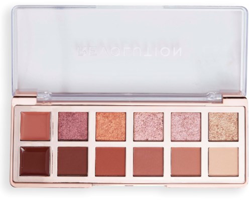 En makeup-palett med tolv ögonskuggor i olika nyanser, några matta och några skimrande, i ett tydligt hölje.