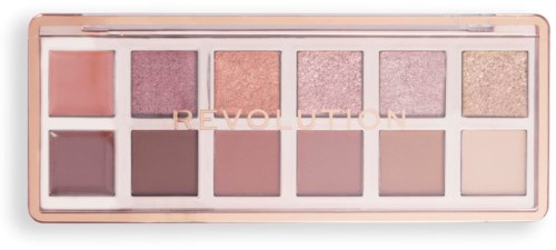 En sminkpalett med tio ögonskuggor i rosa och bruna nyanser i ett rosa fodral.