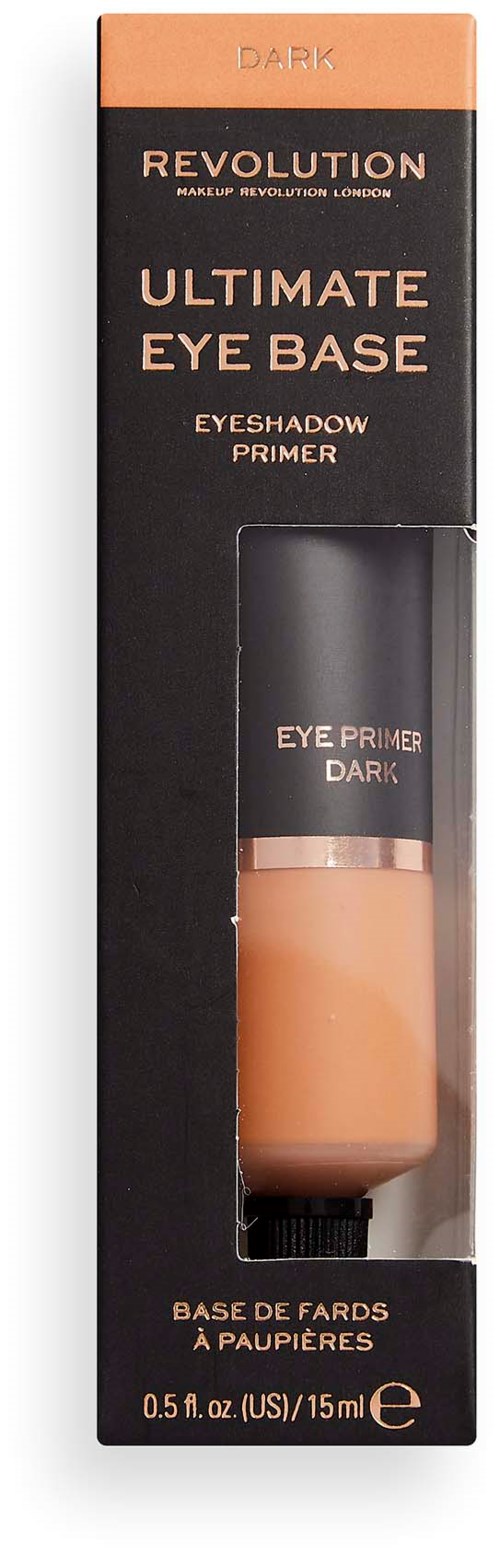 En förpackning med Revolution ögonprimare märkt 'Ultimate Eye Base', mörk färg, med primarets tub synlig genom ett fönster.