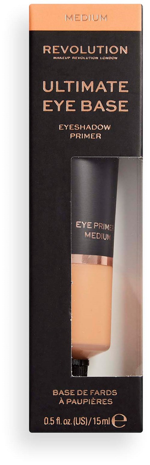 En förpackning av Revolution Ultimate Eye Base med en synlig tub, märkt som en ögonskuggprimers, medelhög nyans.
