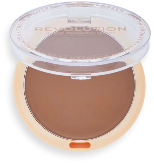 Ett runt compact med beige behållare, genomskinlig lock och brunt smink inuti, märkt 'Revolution' och nyansen 'Bronze'.