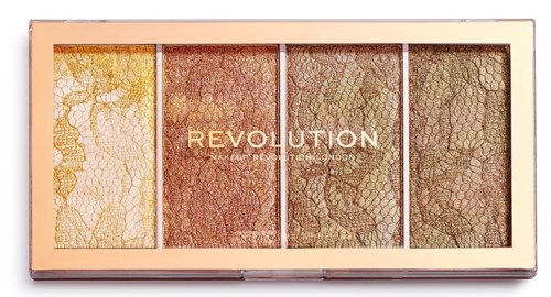 En sminkpalett med fem texturerade nyanser i en ljusrosa box, märkt 'REVOLUTION' i mitten.