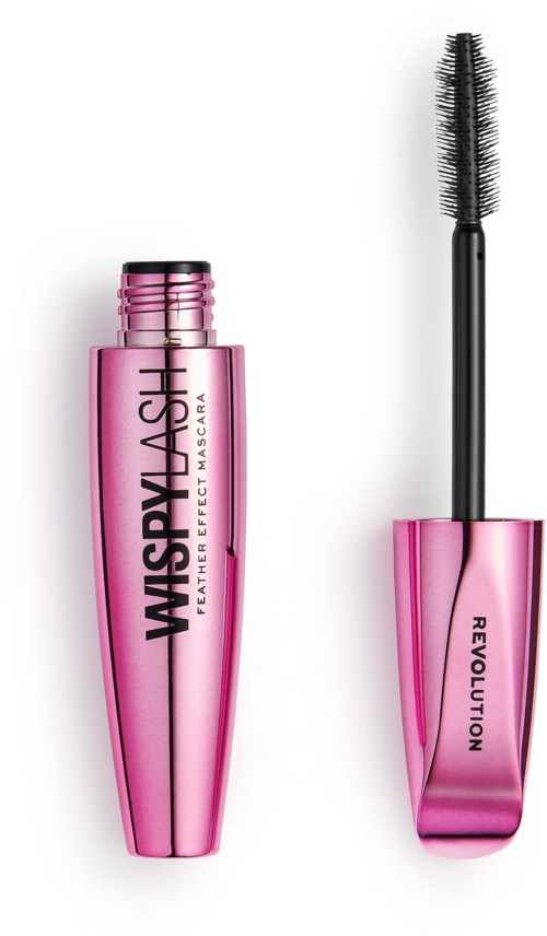 Rodnad mascara-etikett med svart text, separat mascara-borste, märkt 'Revolution'.