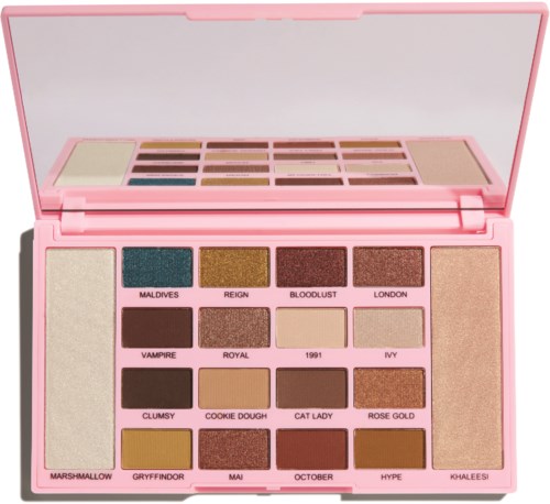 A pink makeup palette with 16 eyeshadows in various colors and a mirror inside the lid.