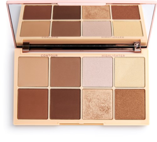 En sminkpalett med åtta nyanser, inklusive bruna, beige och en highlight, i ett ljust rosa skal.