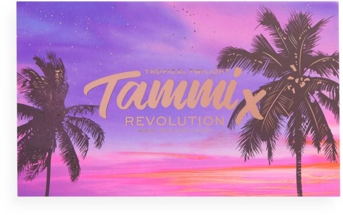 Pink- und lila Himmel mit Sonnenuntergang, Palmen und den Worten 'Tammi Revolution' in großen, bunten Buchstaben.