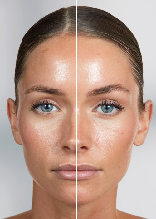 A woman's face with clear, smooth skin, shown before and after skincare or makeup application.