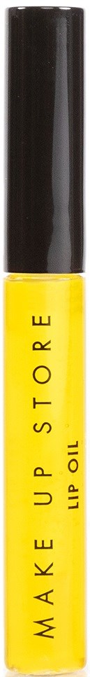 Żółta butelka oleju do ust z czarną nakrętką, oznaczona 'Make Up Store Lip Oil'.