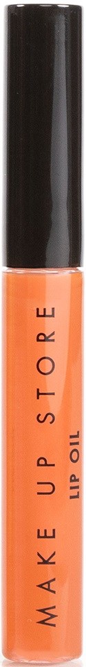 Putkilossa oranssia huulikiiltoa, musta kansi, teksti "MAKE UP STORE LIP OIL."