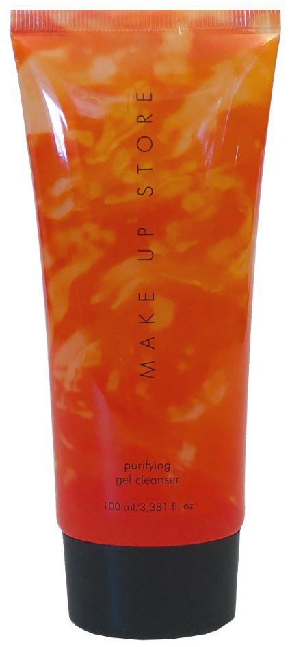 En tub med ljus orange, molnig design. Texten säger "Make Up Store" och "purifying gel cleanser".