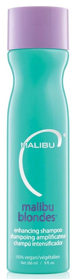 Eine türkise Shampooflasche mit lila Deckel, gekennzeichnet Malibu Blondes, zur Verbesserung blonder Haare.