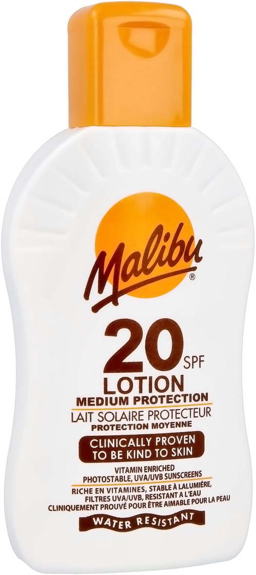 Malibu solskyddslotion med SPF 20 ger medelhög skydd, vattentålig, berikad med vitaminer, passar för skonsam hud.