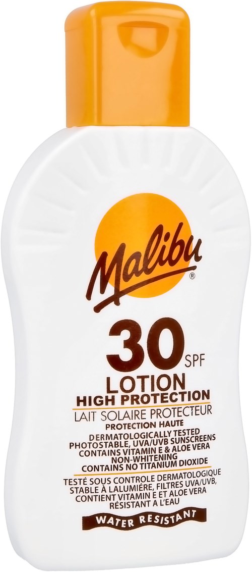 Malibu solkrämflaska med SPF 30, orange lock, och vit kropp. Den nämner hög skyddsnivå och vattenavvisande.