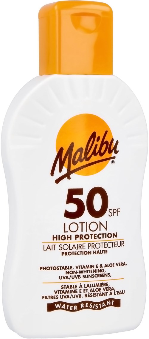 Malibu solskyddslotion med SPF 50, hög skyddsfaktor, vattentålig, innehåller aloe vera och vitamin E.