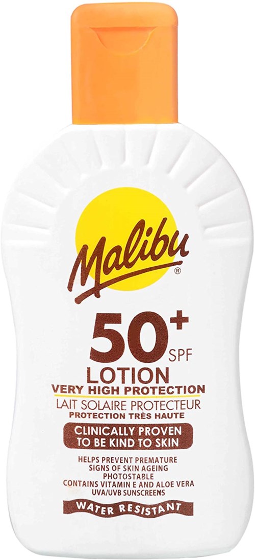 Malibu solkräm, SPF 50+, för hög skydd. Innehåller aloe vera, solkräm, vattentålig. Passar för hudvård.