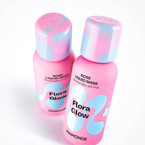 Two pink bottles with blue and pink swirl caps, labeled Flora Glow Rose Liquid Mask by Mamonde.