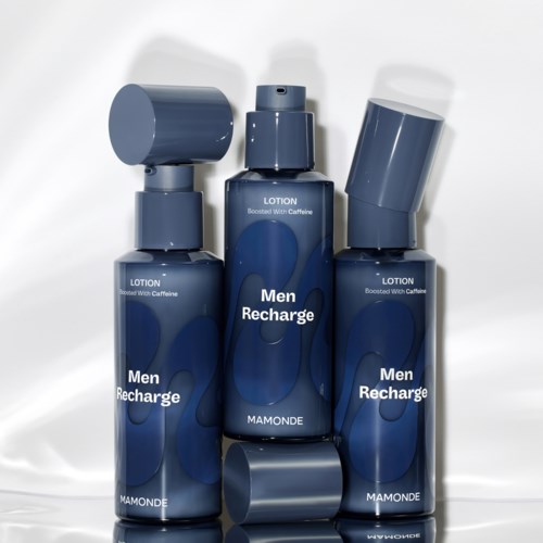 Three blue bottles labeled 'Men Recharge' and 'Lotion' are standing upright, with the middle one having a spray cap.