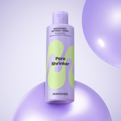 A bottle labeled 'Pore Shrinker' stands among purple spheres, with a lavender background and modern design.