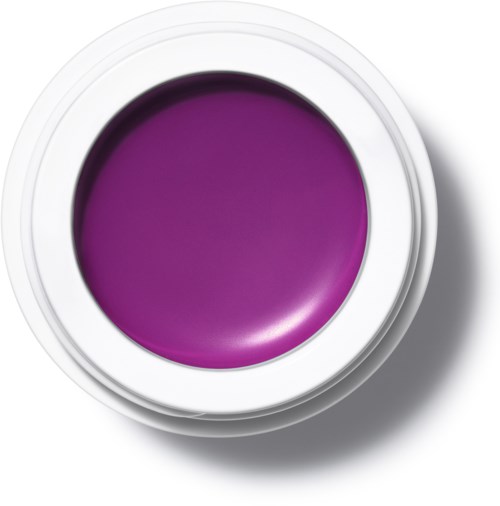 Pieni pyöreä rasia, jossa on violettia geeliä tai maalia. Valkoinen kansi, varjo oikealla puolella.