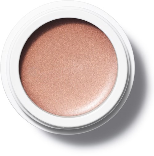 Shimmery lichtroze gezichtspoeder in een ronde witte verpakking.