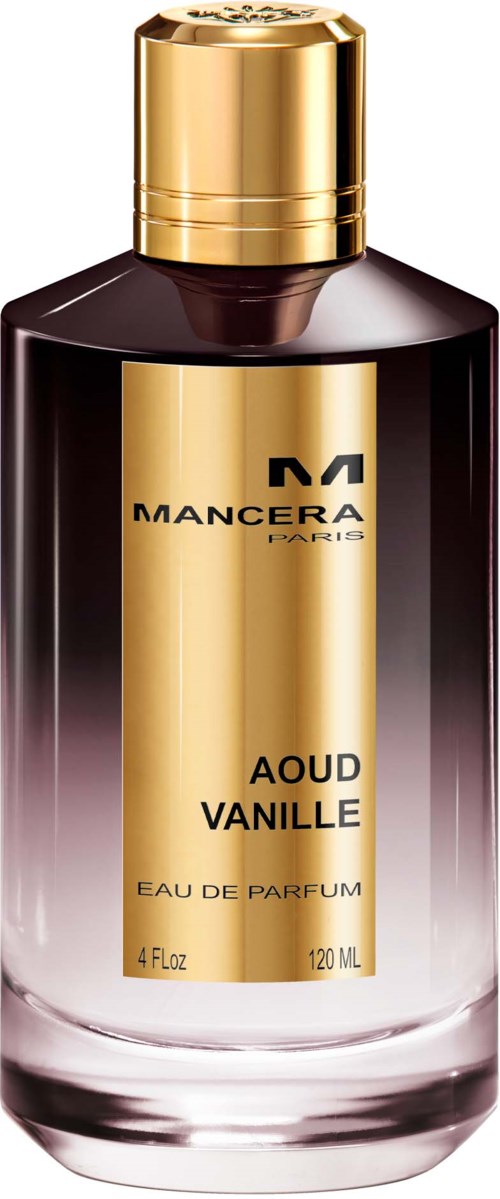 En parfymflaska med guldkapsel och etikett, mörkbrunt och klart glas, märkt "Mancera Paris AOUD Vanille".