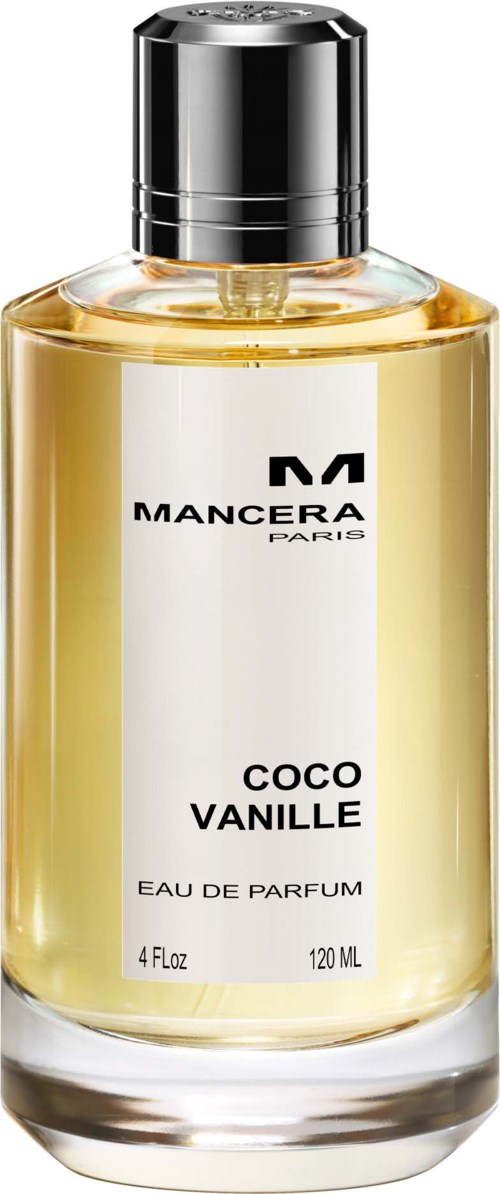 En parfymesprayflaske mærket 'Mancera Paris Coco Vanille' med sort låg og gul væske.