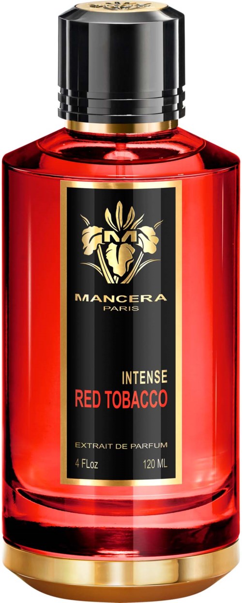 En rød parfymeflaske med sort og guld etikett, guld top og sort låg. Etiketten siger "Mancera Paris" og "Red Tobacco."