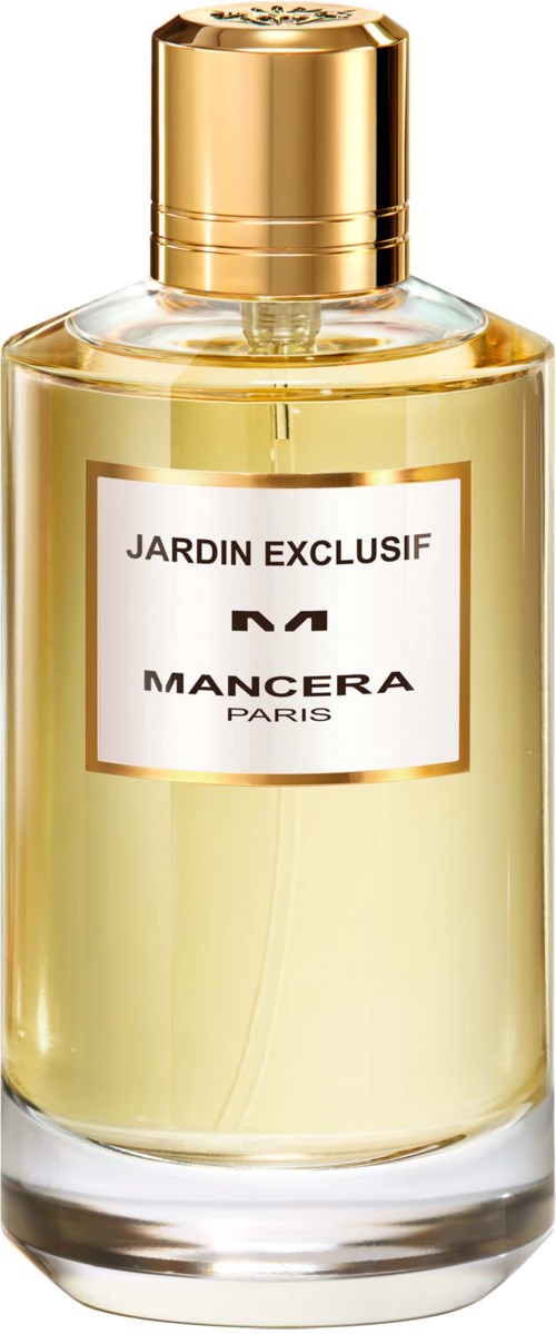 En parfumerflaske med gyldenkappe, klart glas og etiketten "Jardin Exclusif MANCERA PARIS".