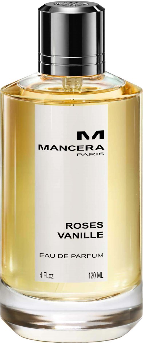 Bilden visar en flaska med Mancera Paris Roses Vanille parfym, med svart lock och vit etikett.
