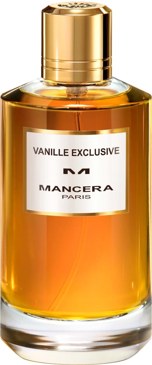 En glasparfume flaske med guldhætter mærket 'Vanille Exclusive' af Mancera Paris.