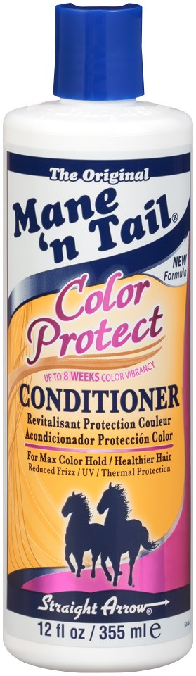 En hvit flaske med blå lokk, merket Mane 'n Tail Color Protect Conditioner for hunder, med silhuett av to hester.